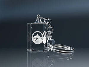 Premium glossy crystal glass keyring engraved with a mountain motif
