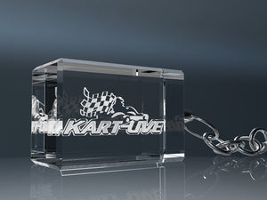 Crystal glass keyring engraved with a racing go-kart and fitted with a chain