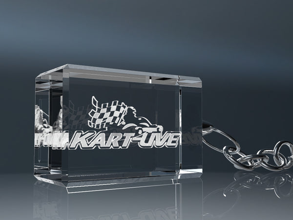 Crystal glass keyring engraved with a racing go-kart and fitted with a chain
