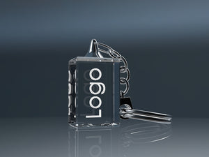 Rectangular crystal glass keyring with an engraved logo and metal chain