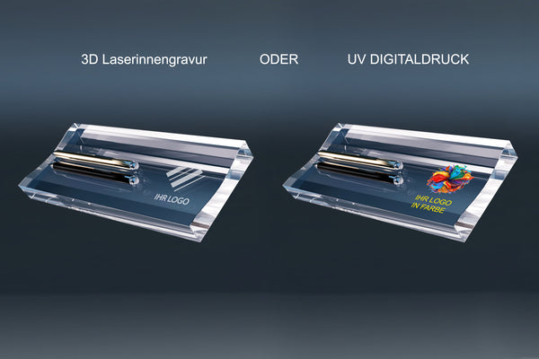 Vergleich Stifteablage aus Kristallglas mit 3D Lasergravur und UV Digitaldruck, beide mit eingelegtem Stift