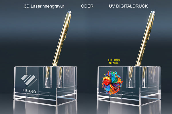 Clear crystal glass pen holder with 3D laser engraving or UV colour printing and a gold pen