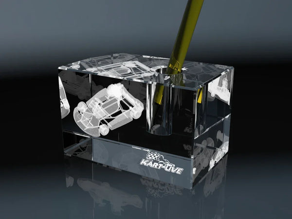 Crystal glass pen holder engraved with a 3D go-kart motif, a modern desk organiser