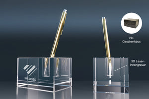 Crystal glass pen holder with a gold-coloured ballpoint pen, 3D laser engraving and gift box