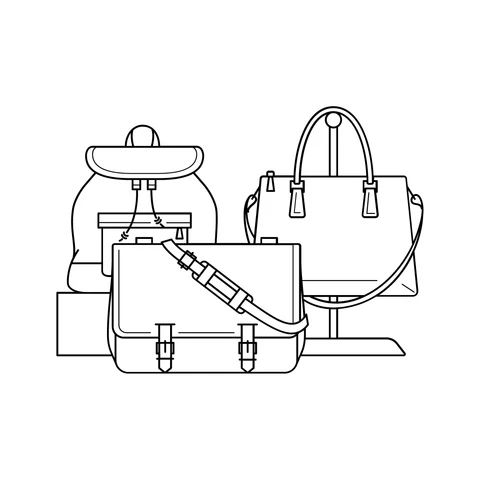 Strichzeichnung von Rucksack, Aktentasche und Handtasche auf weißem Hintergrund