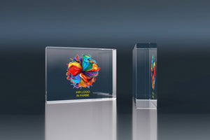 Clear crystal glass block with a colour logo and the words Your logo in colour