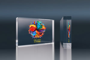 Crystal glass display piece with a colour logo and custom engraving