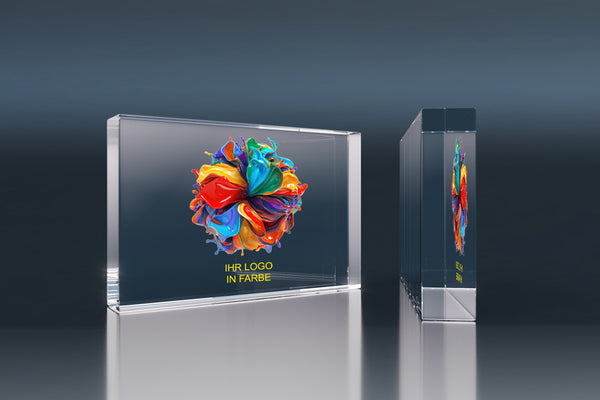 Crystal glass display piece with a colour logo and custom engraving