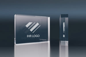 Premium crystal glass block with an engraving area for a custom logo