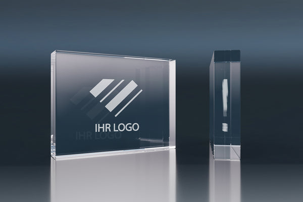 Premium crystal glass block with an engraving area for a custom logo