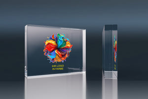 Premium crystal glass block with a colour printed logo