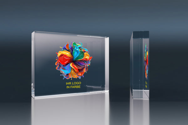 Premium crystal glass block with a colour printed logo
