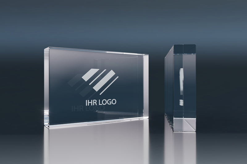 Rechteckiger Kristallglasblock mit individueller Gravur, Werbeartikel, edles Design