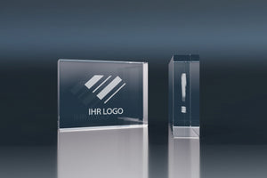 Rectangular crystal glass promotional block with an engraved logo and modern design