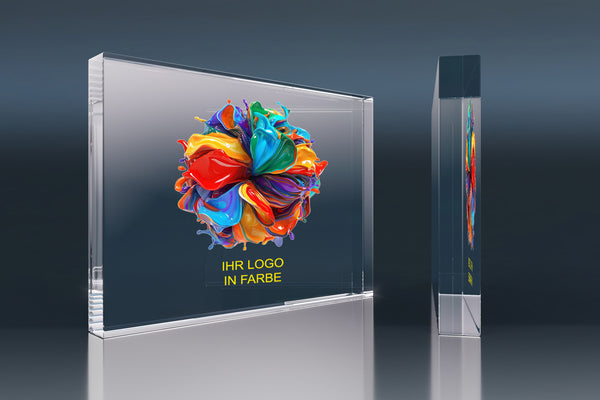 Glossy crystal glass block with a colour logo and modern 3D appearance