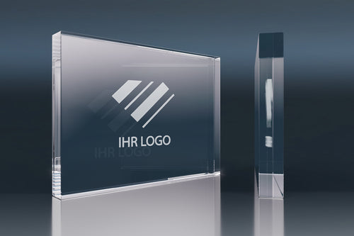 Rectangular engraved crystal glass promotional item with a custom logo area