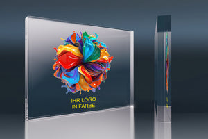 Crystal glass block with a colour logo and the words Your logo in colour