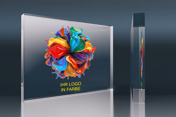 Crystal glass block with a colour logo and the words Your logo in colour