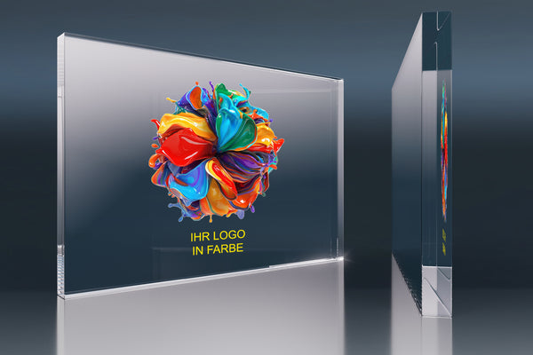 Crystal glass block with a colour logo and the words Your logo in colour