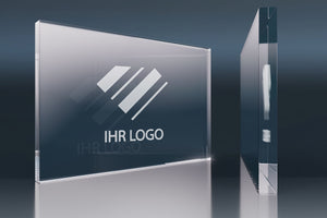 Rectangular crystal glass award with an engraving area for a custom logo