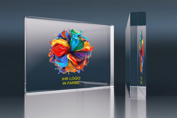 Crystal glass block with a colour logo motif and custom engraving