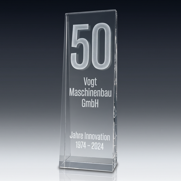 Trophy MONUMENT in crystal glass – customisable award, product view 1