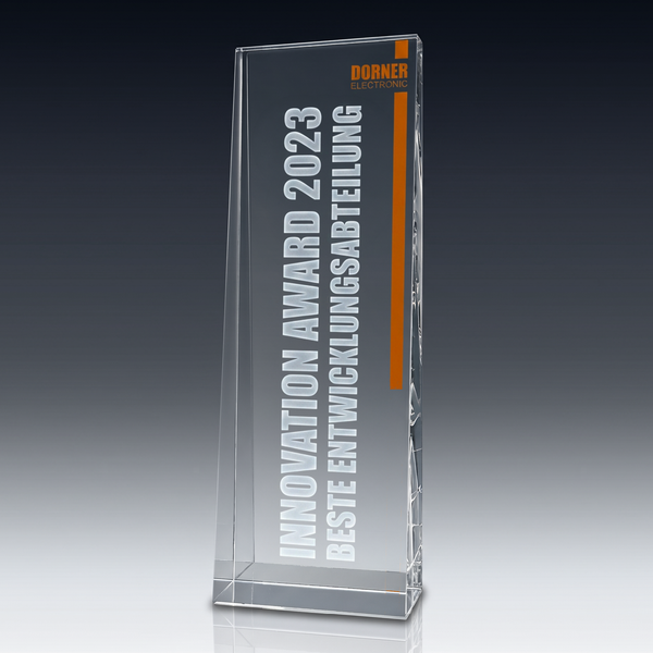 Trophy MONUMENT in crystal glass – customisable award, product view 2