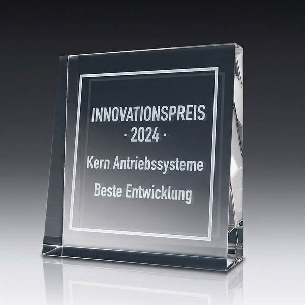 Trophy THE BEST (Quadrat) in crystal glass – customisable award, product view 2