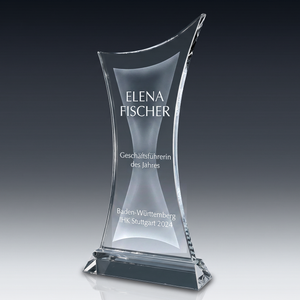 Trophy THIN CROSS in crystal glass – customisable award, product view 1