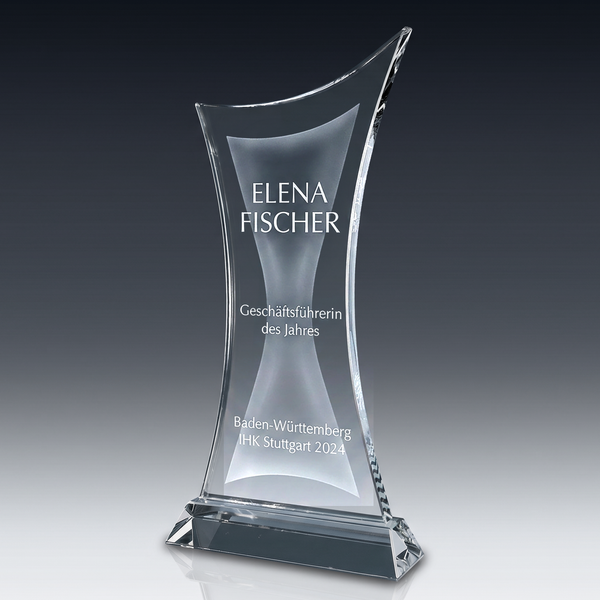 Trophy THIN CROSS in crystal glass – customisable award, product view 1
