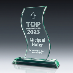 Trophy THIN WAVE in crystal glass – customisable award, product view 1