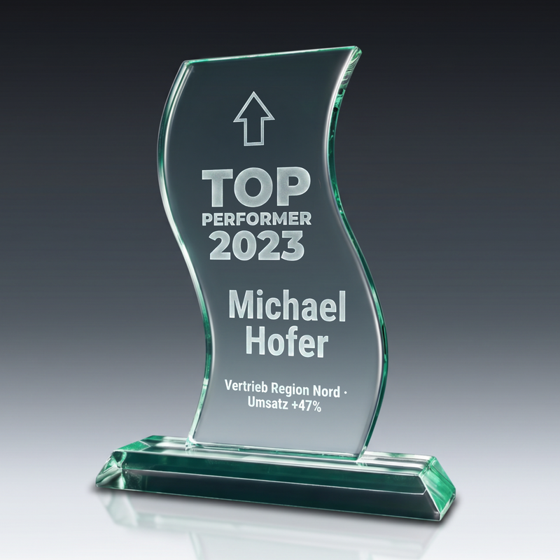 Trophy THIN WAVE aus Kristallglas – personalisierbarer Award, Produktansicht 1