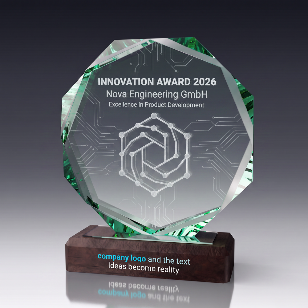 Trophy-WOODEN ACHTECK aus Kristallglas – personalisierbarer Award, Produktansicht 1