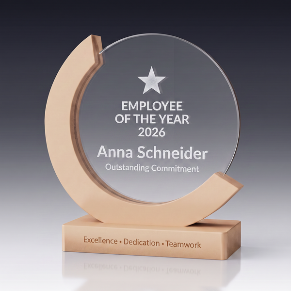 Trophy-WOODEN CIRCLE aus Kristallglas – personalisierbarer Award, Produktansicht 2