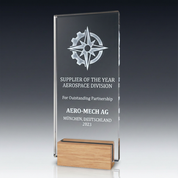 Trophy-WOODEN STAND aus Kristallglas – personalisierbarer Award, Produktansicht 1