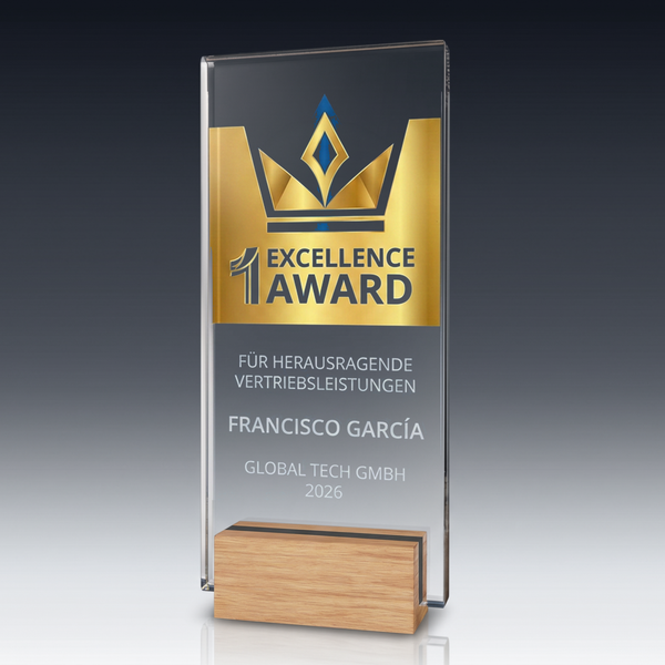 Trophy-WOODEN STAND aus Kristallglas – personalisierbarer Award, Produktansicht 2