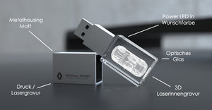 USB-Stick mit Kristallglas, 3D Laserinnengravur, LED-Farbe, mattes Metallgehäuse, Auto-Modell
