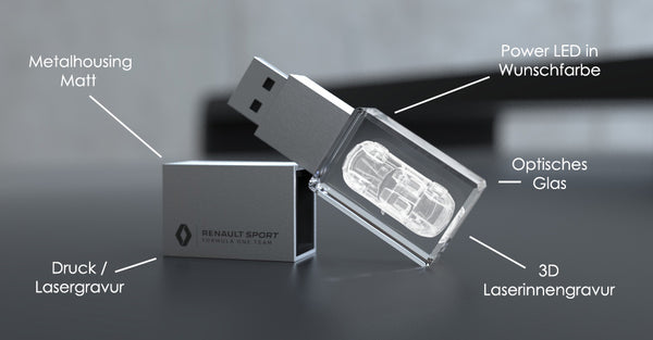 USB-Stick mit Kristallglas, 3D Laserinnengravur, LED-Farbe, mattes Metallgehäuse, Auto-Modell