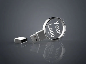 USB-Stick aus Kristallglas rund mit Gravurfläche für Logo, elegantes Werbegeschenk