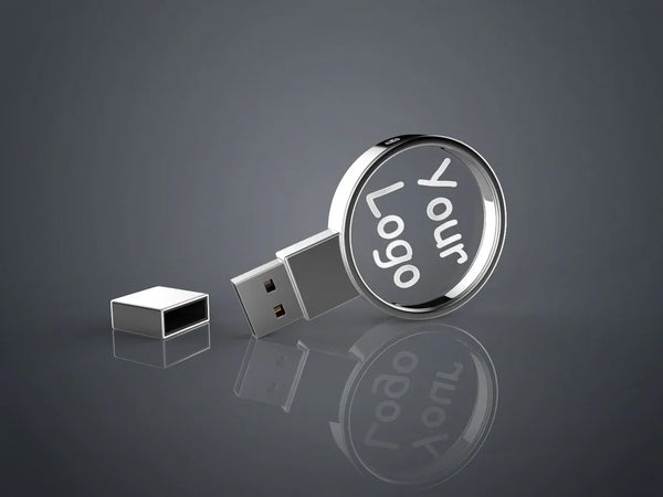 USB-Stick aus Kristallglas rund mit Gravurfläche für Logo, elegantes Werbegeschenk