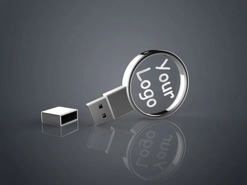 USB-Stick aus Kristallglas rund mit Gravurfläche für Logo, elegantes Werbegeschenk