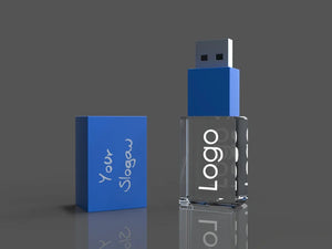 Crystal glass USB drive with an engraved logo, blue cap and modern design