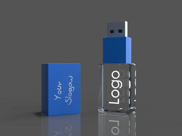 Crystal glass USB drive with an engraved logo, blue cap and modern design
