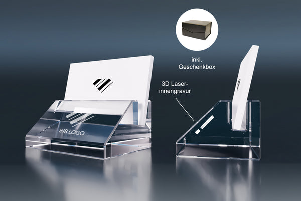 Eleganter Visitenkartenhalter aus Kristallglas mit 3D Laserinnengravur und Geschenkbox